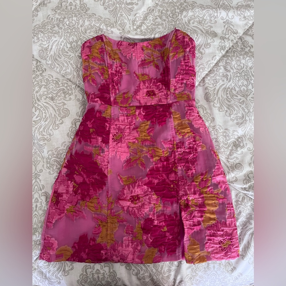 Showpo Brailey mini dress - strapless dress in pink jacquard - 2 or XS